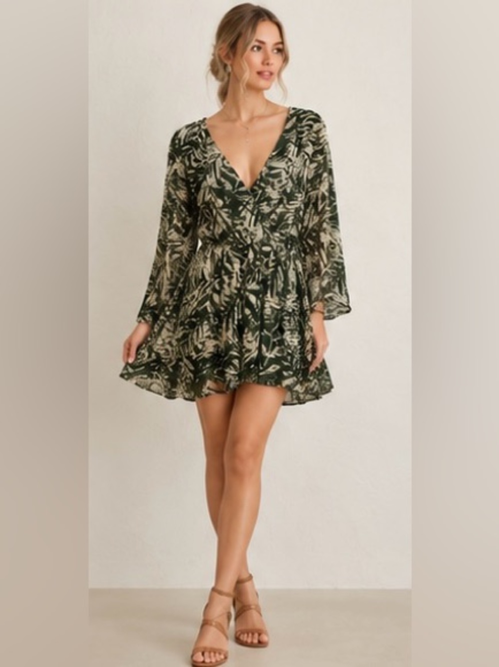 Green Printed Long-Sleeve Onsie Dress
